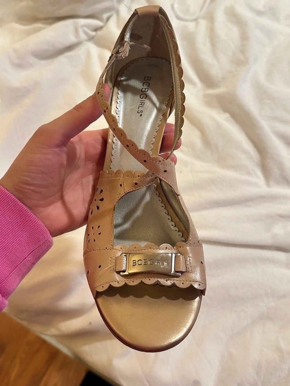 BCBG Peep Toe T-Strap Heels in Brown